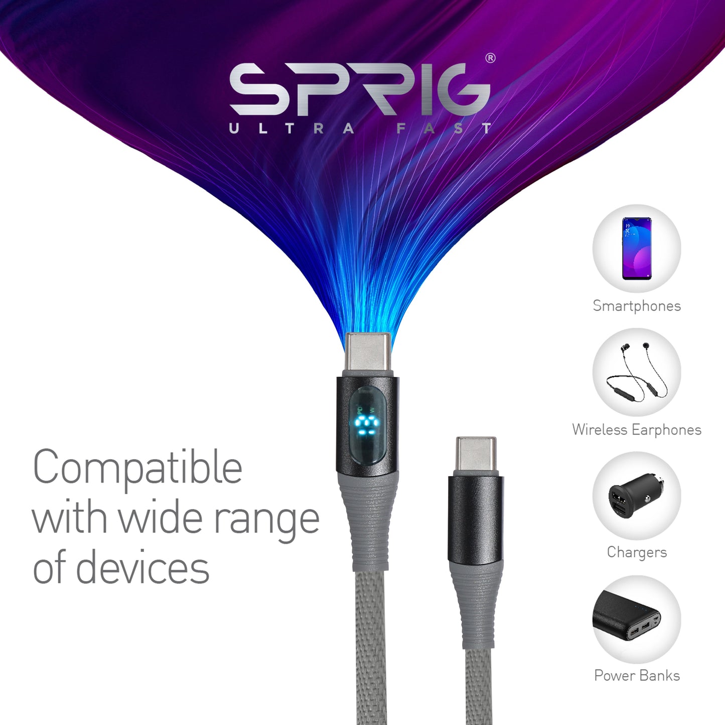 With Display Denim Braided Mac Book Air  (65W)-Grey