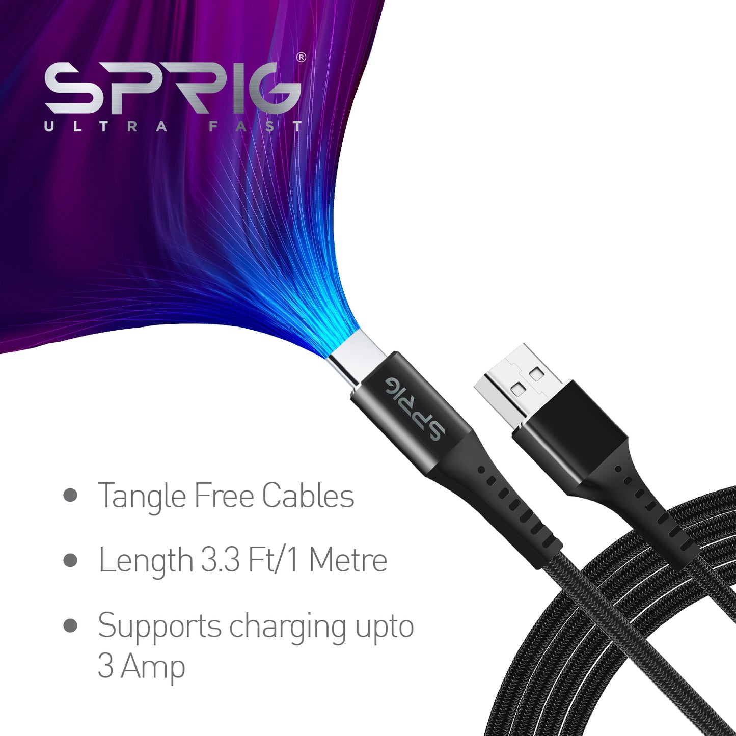 sprig ultra fast type-c denim braided charging / data sync cable (1m)