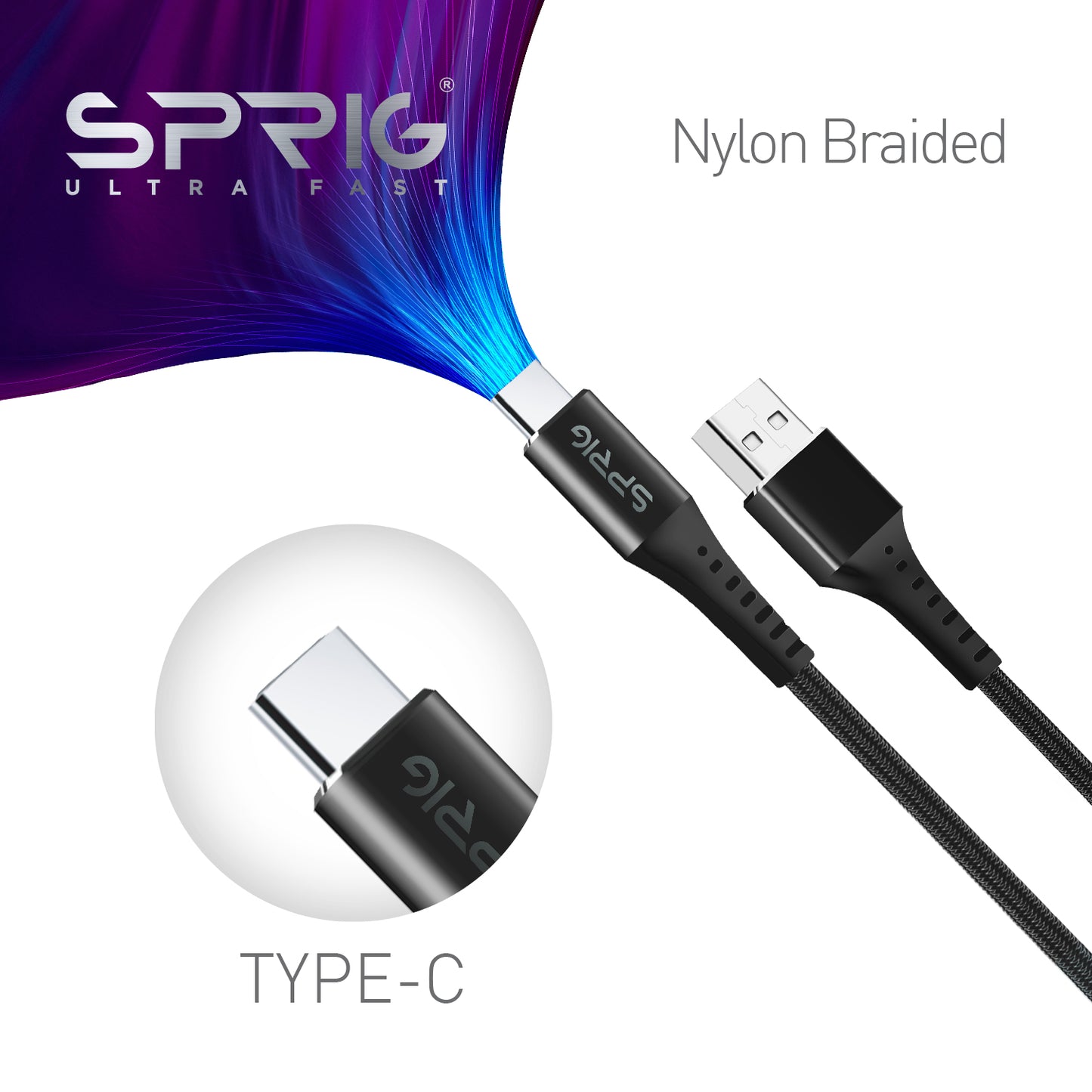 sprig ultra fast type-c denim braided charging / data sync cable (1m)